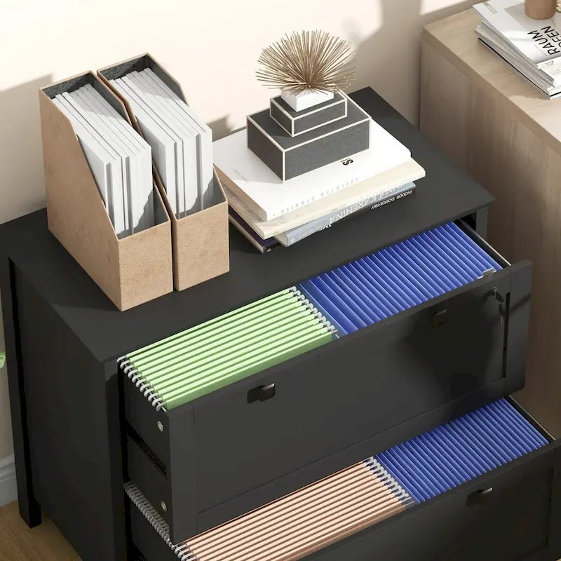 HOMCOM Lateral File Cabinet with 2 Drawers for Home Office, Filing Cabinet with Lock, Adjustable Hanging Bar for Letter, A4 8