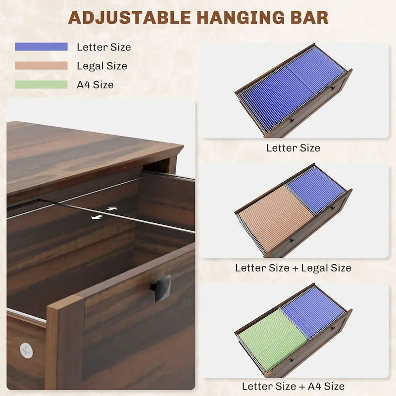 HOMCOM Lateral File Cabinet with 2 Drawers for Home Office, Filing Cabinet with Lock, Adjustable Hanging Bar for Letter, A4 13