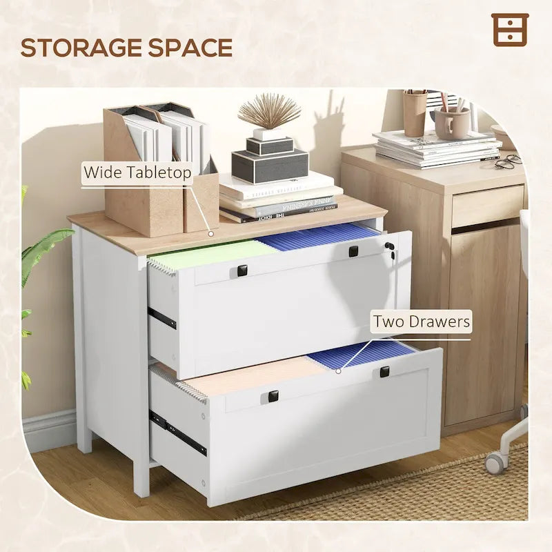 HOMCOM Lateral File Cabinet with 2 Drawers for Home Office, Filing Cabinet with Lock, Adjustable Hanging Bar for Letter, A4 21