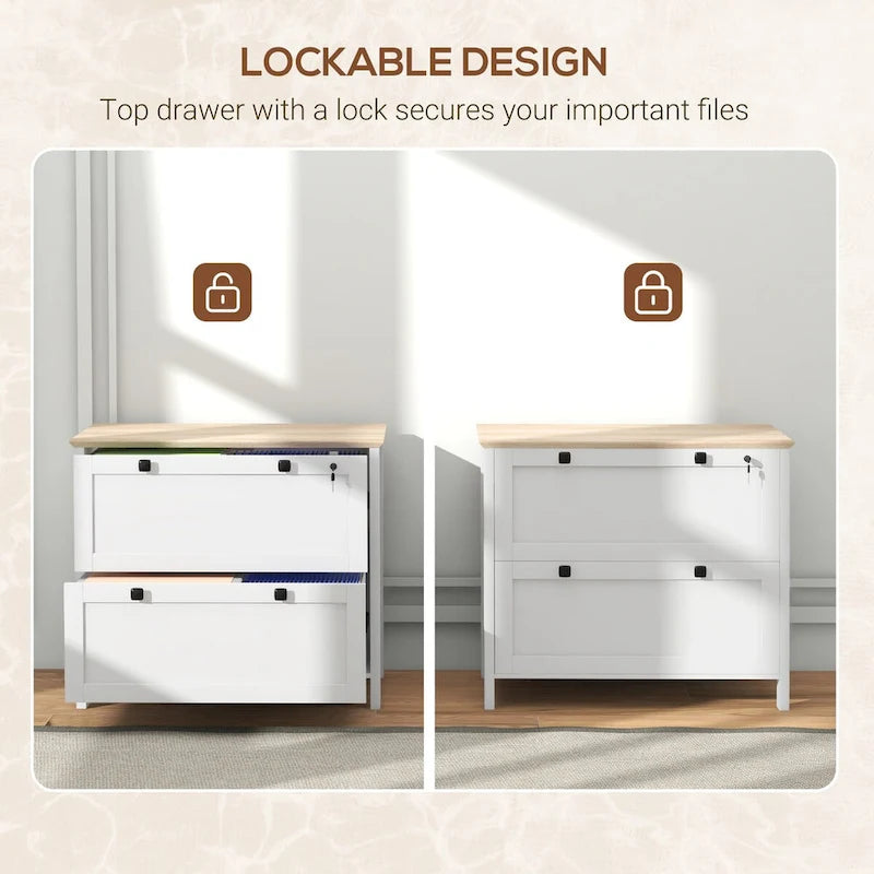 HOMCOM Lateral File Cabinet with 2 Drawers for Home Office, Filing Cabinet with Lock, Adjustable Hanging Bar for Letter, A4 24