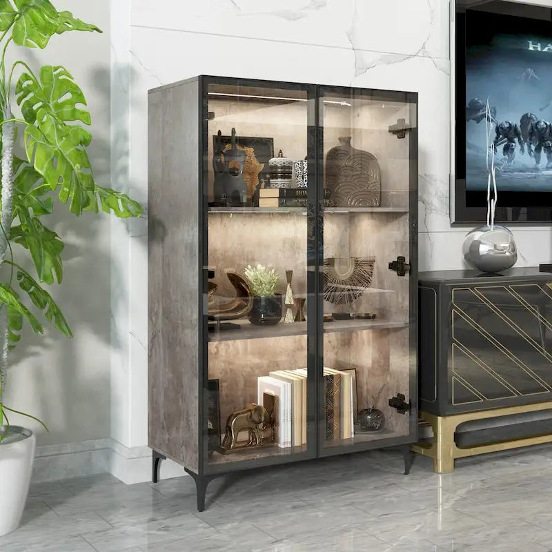 Display Storage Cabinet Showcase with Glass Doors and LED Light