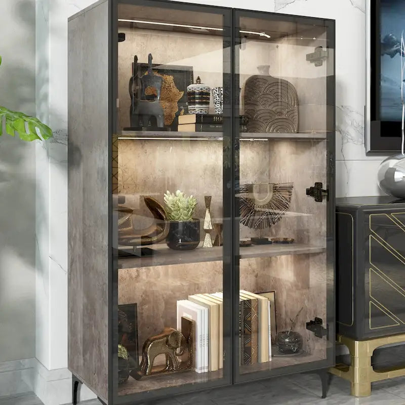 Display Storage Cabinet Showcase with Glass Doors and LED Light 4