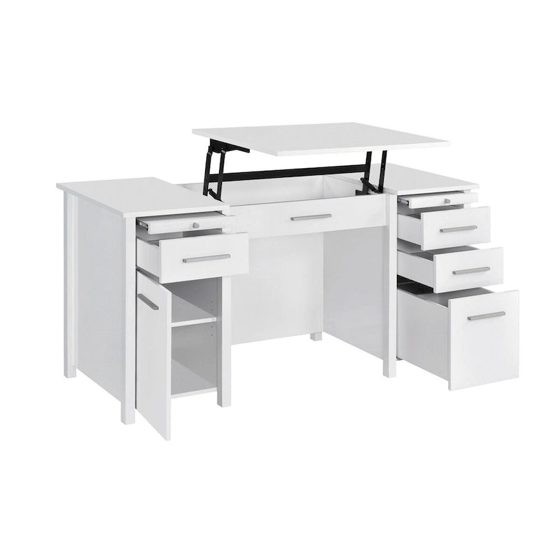 Wim 60 Inch Lift Top Office Desk, 4 Drawers, 2 Pull Out Trays, Glossy White 3