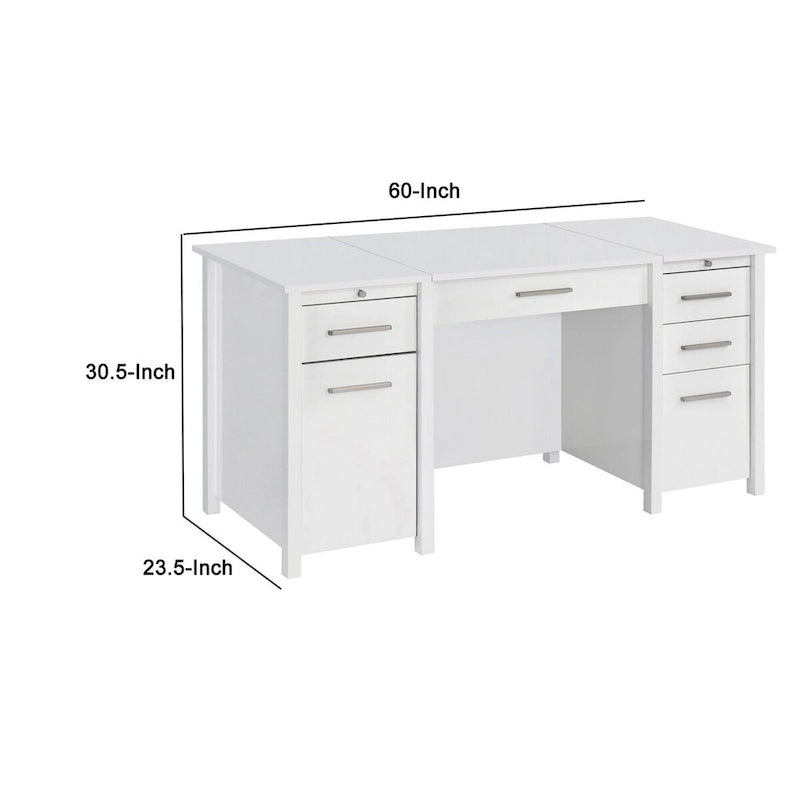 Wim 60 Inch Lift Top Office Desk, 4 Drawers, 2 Pull Out Trays, Glossy White 5