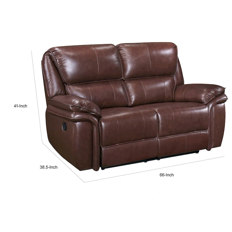 Jack 66 Inch Manual Recliner Loveseat, Plush Brown Top Grain Leather, Wood 6