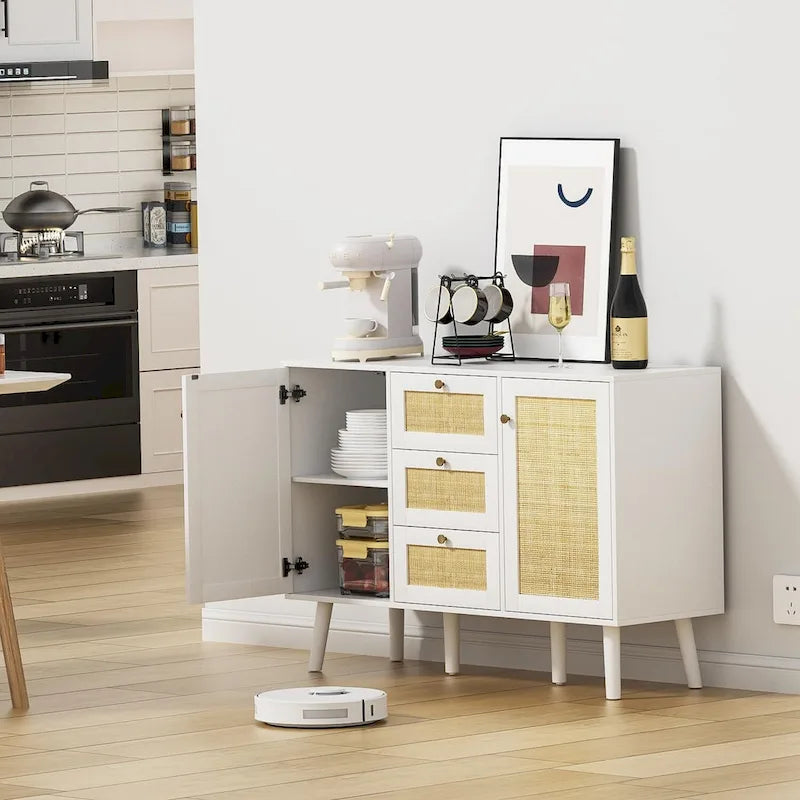 Anmytek Mid-Century Modern 47.2 W 2-Door White Buffet/Sideboard Rattan Storage Accent Cabinet with Drawers 3