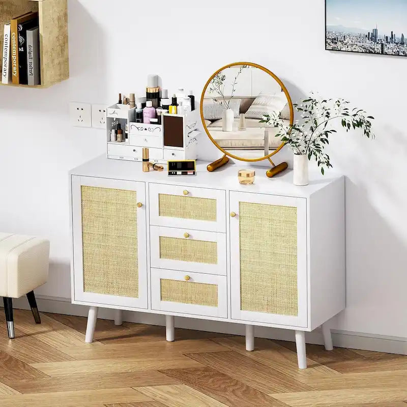 Anmytek Mid-Century Modern 47.2 W 2-Door White Buffet/Sideboard Rattan Storage Accent Cabinet with Drawers 4