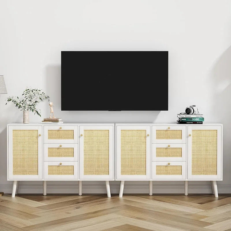 Anmytek Mid-Century Modern 47.2 W 2-Door White Buffet/Sideboard Rattan Storage Accent Cabinet with Drawers 5