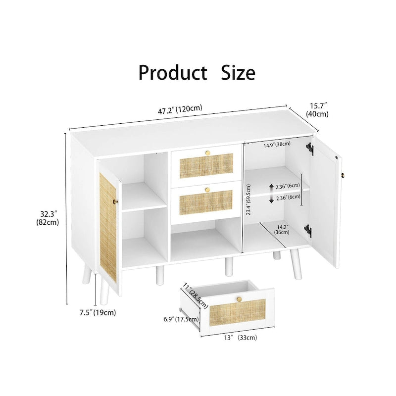 Anmytek Mid-Century Modern 47.2 W 2-Door White Buffet/Sideboard Rattan Storage Accent Cabinet with Drawers 6