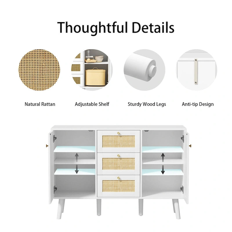 Anmytek Mid-Century Modern 47.2 W 2-Door White Buffet/Sideboard Rattan Storage Accent Cabinet with Drawers 7