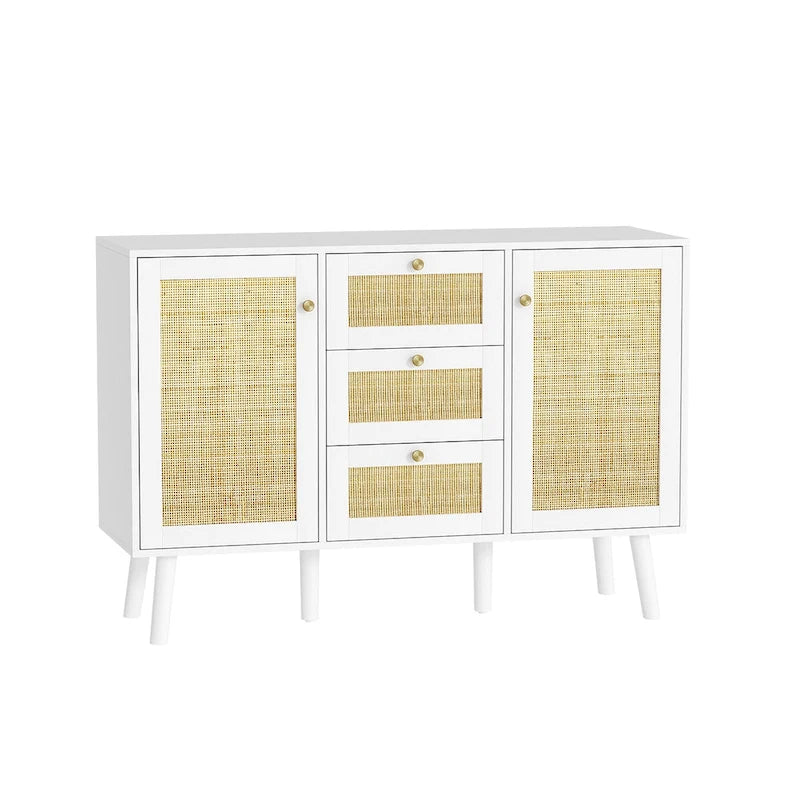 Anmytek Mid-Century Modern 47.2 W 2-Door White Buffet/Sideboard Rattan Storage Accent Cabinet with Drawers 8
