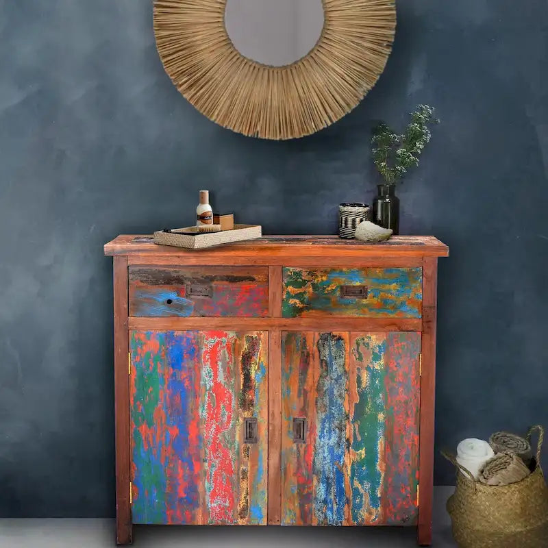 Marina Del Rey Recycled Teak Wood Linen Cabinet with 2 doors and 2 drawers 4