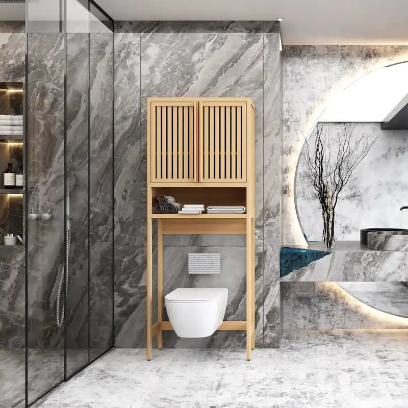 Bamboo Over The Toilet Storage Cabinet with Shelf and Double Doors 2