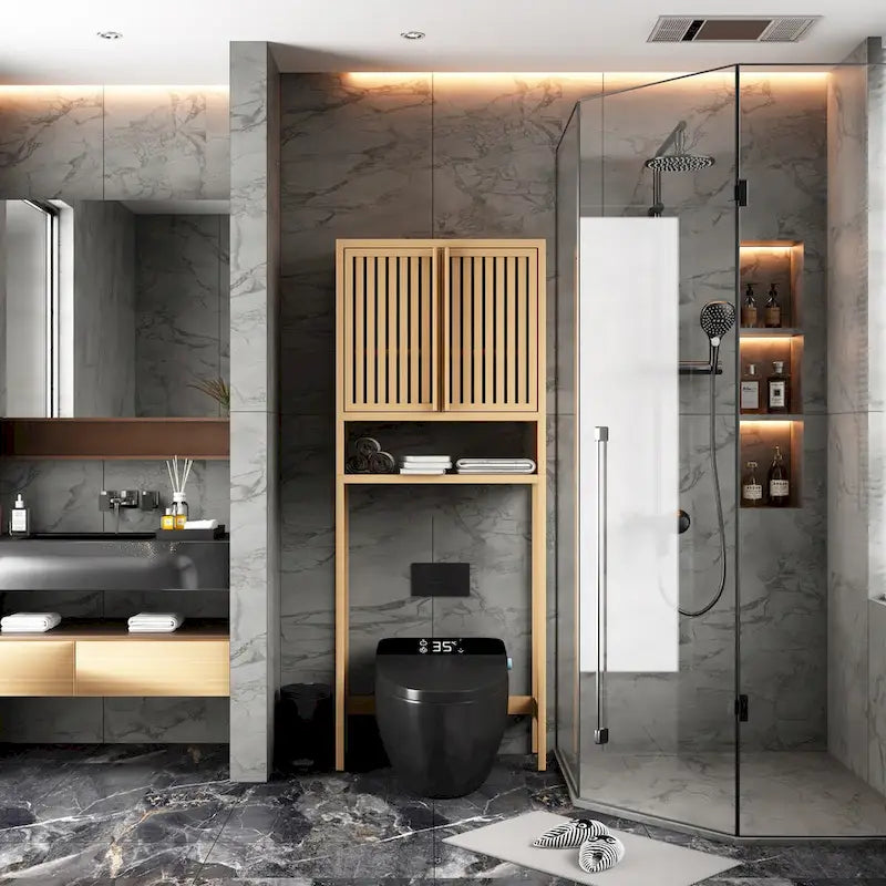 Bamboo Over The Toilet Storage Cabinet with Shelf and Double Doors 3