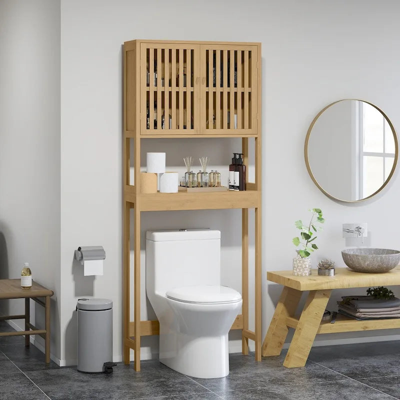 HOMCOM Bamboo Over the Toilet Storage Cabinet, Over Toilet Bathroom Organizer with Slatted Doors, Adjustable Shelf 9