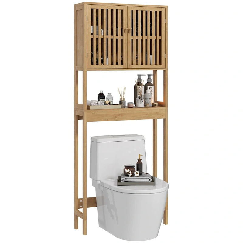 HOMCOM Bamboo Over the Toilet Storage Cabinet, Over Toilet Bathroom Organizer with Slatted Doors, Adjustable Shelf 2