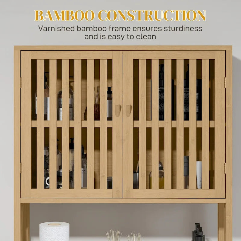 HOMCOM Bamboo Over the Toilet Storage Cabinet, Over Toilet Bathroom Organizer with Slatted Doors, Adjustable Shelf 5