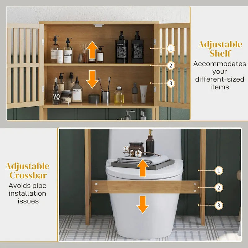 HOMCOM Bamboo Over the Toilet Storage Cabinet, Over Toilet Bathroom Organizer with Slatted Doors, Adjustable Shelf 6