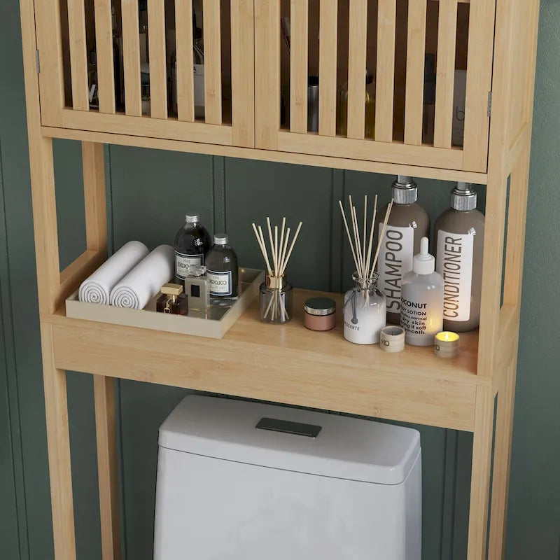 HOMCOM Bamboo Over the Toilet Storage Cabinet, Over Toilet Bathroom Organizer with Slatted Doors, Adjustable Shelf 8