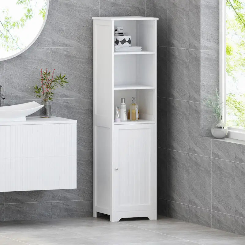 63-inch Tall Bathroom Linen Cabinet, Freestanding Diplay Storage Cabinet with 1 Door and Adjustable in White 2