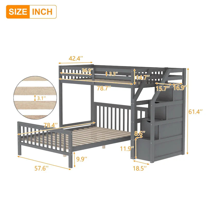 Twin Over Full Wood Loft Bed with Staircase,High Guardrails and Ladder 15