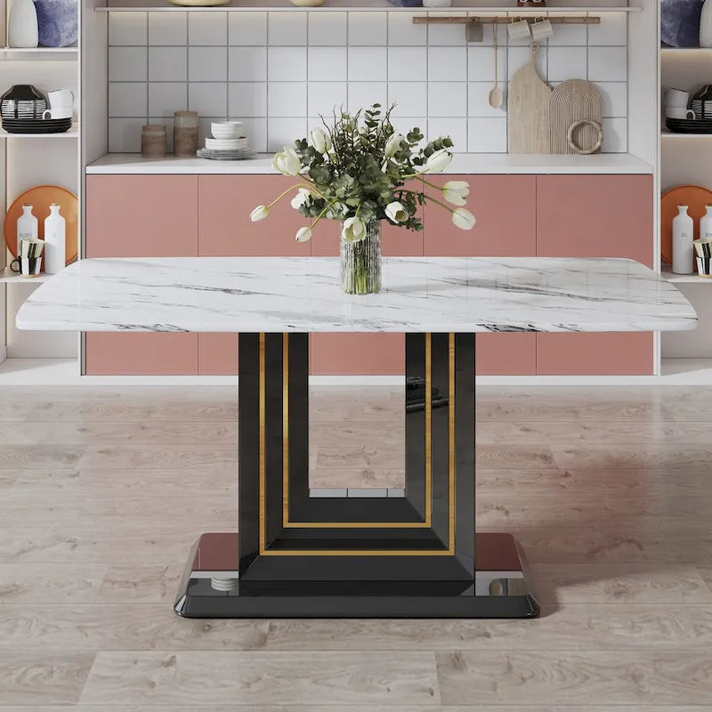 Dining table. White imitation marble pattern desktop. Black MDF table legs with gold lines and black base 3