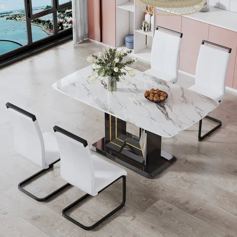 Dining table. White imitation marble pattern desktop. Black MDF table legs with gold lines and black base 4