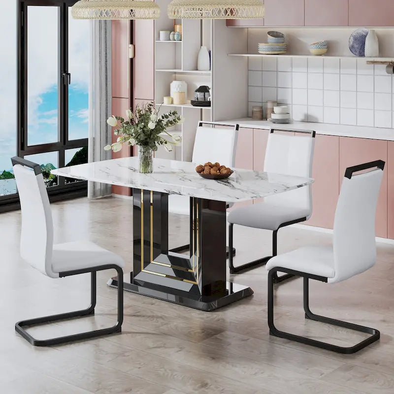 Dining table. White imitation marble pattern desktop. Black MDF table legs with gold lines and black base 5