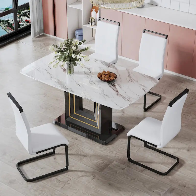 Dining table. White imitation marble pattern desktop. Black MDF table legs with gold lines and black base 6