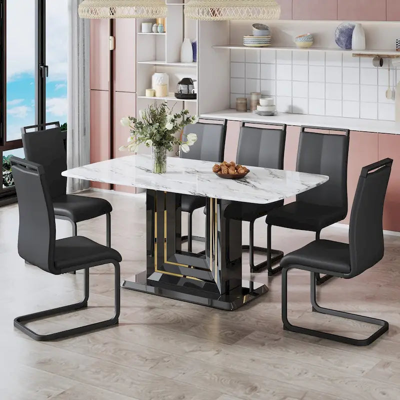 Dining table. White imitation marble pattern desktop. Black MDF table legs with gold lines and black base 7