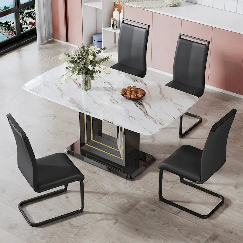 Dining table. White imitation marble pattern desktop. Black MDF table legs with gold lines and black base 8