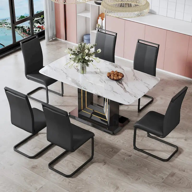 Dining table. White imitation marble pattern desktop. Black MDF table legs with gold lines and black base 9
