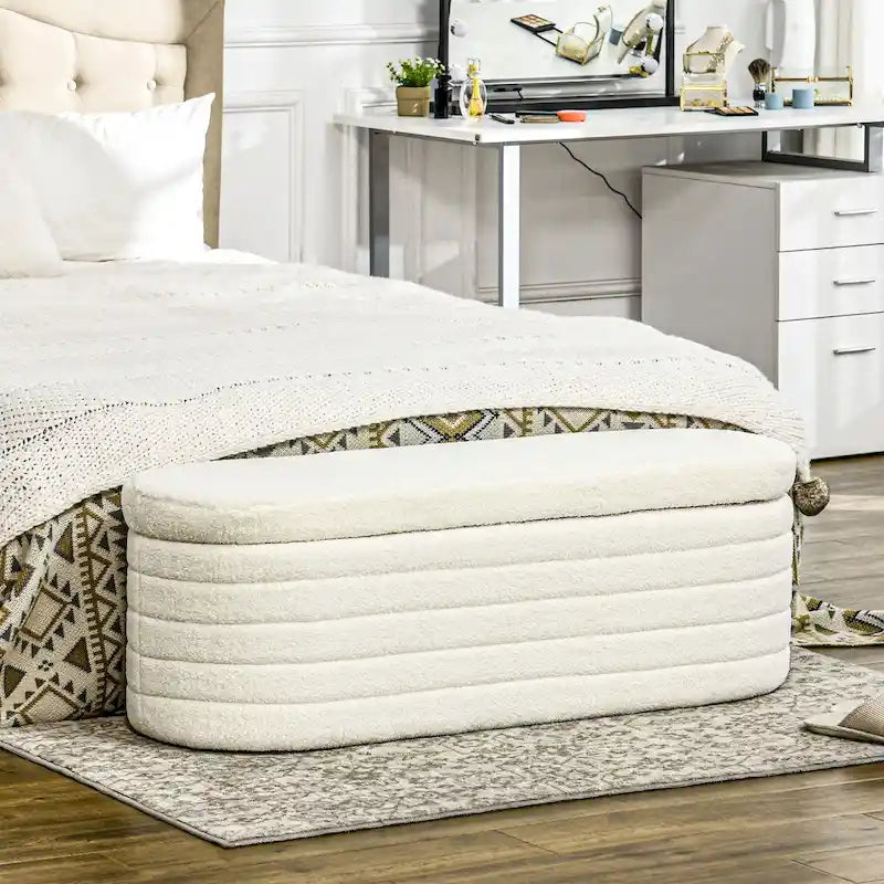 HOMCOM 46 Storage Ottoman Bench, Teddy Fleece Upholstered Boucle Storage Bench with Wood Frame, Bedroom Bench for Living Room 9