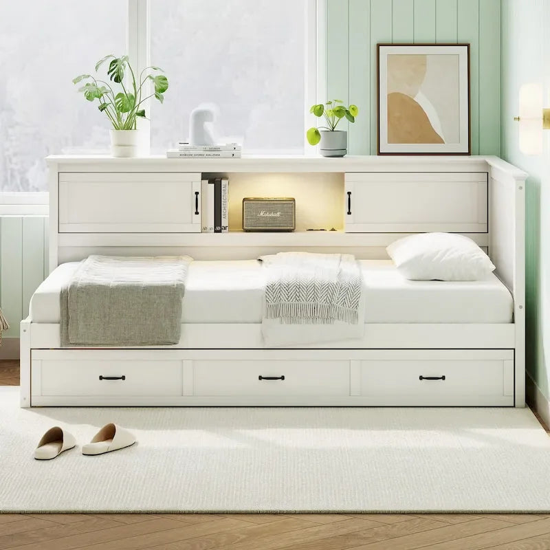 Twin Size L-Shaped Bed Frame with Drawer and and Bookcase,Corner Bed Wooden Captain Bed with Led Downlight and USB Port 2
