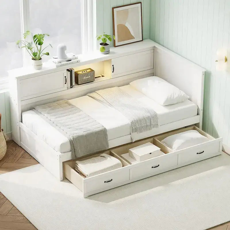 Twin Size L-Shaped Bed Frame with Drawer and and Bookcase,Corner Bed Wooden Captain Bed with Led Downlight and USB Port 3