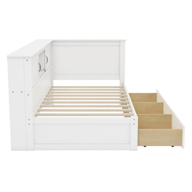 Twin Size L-Shaped Bed Frame with Drawer and and Bookcase,Corner Bed Wooden Captain Bed with Led Downlight and USB Port 4