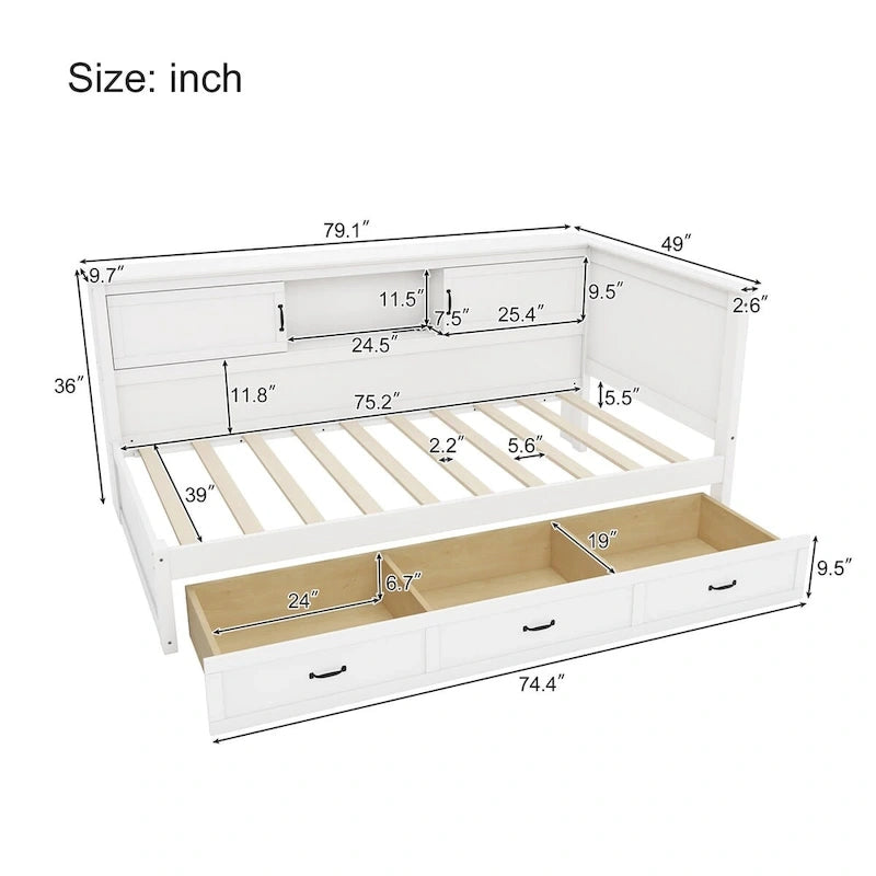 Twin Size L-Shaped Bed Frame with Drawer and and Bookcase,Corner Bed Wooden Captain Bed with Led Downlight and USB Port 5