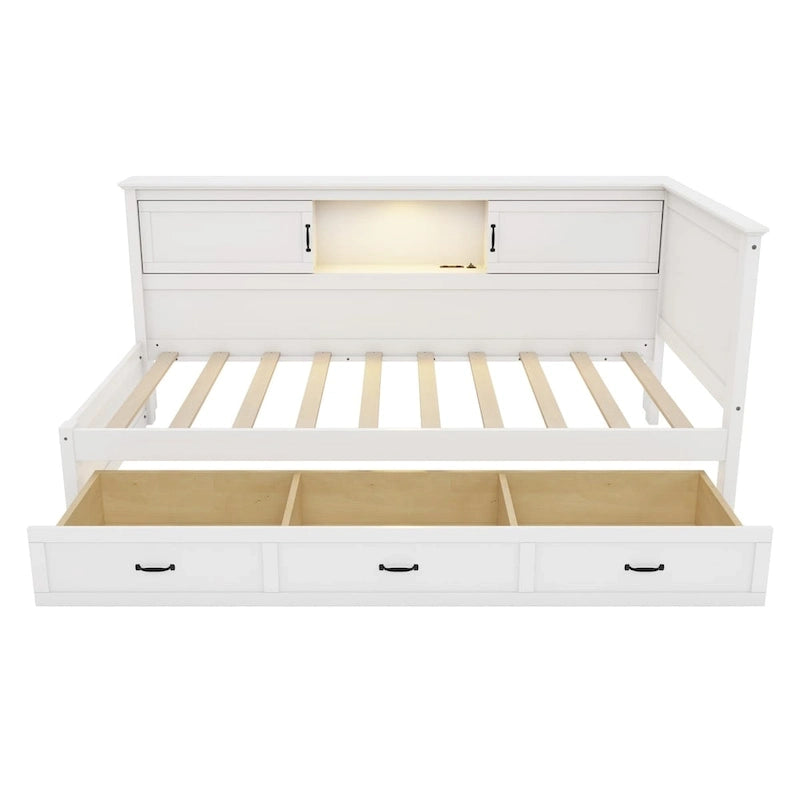 Twin Size L-Shaped Bed Frame with Drawer and and Bookcase,Corner Bed Wooden Captain Bed with Led Downlight and USB Port 8