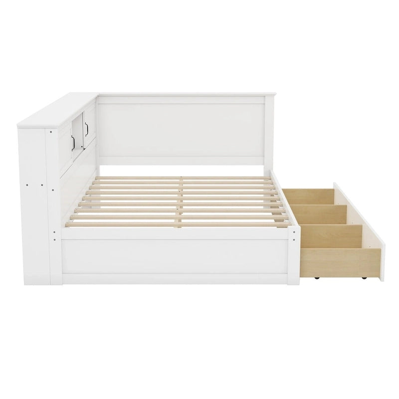Twin Size L-Shaped Bed Frame with Drawer and and Bookcase,Corner Bed Wooden Captain Bed with Led Downlight and USB Port 9