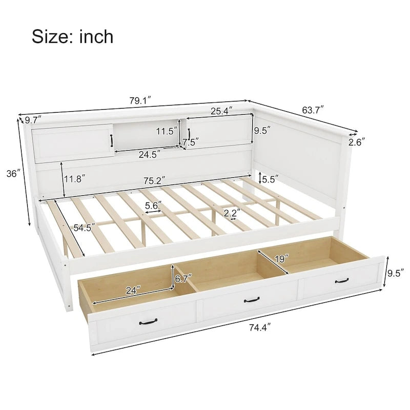Twin Size L-Shaped Bed Frame with Drawer and and Bookcase,Corner Bed Wooden Captain Bed with Led Downlight and USB Port 10
