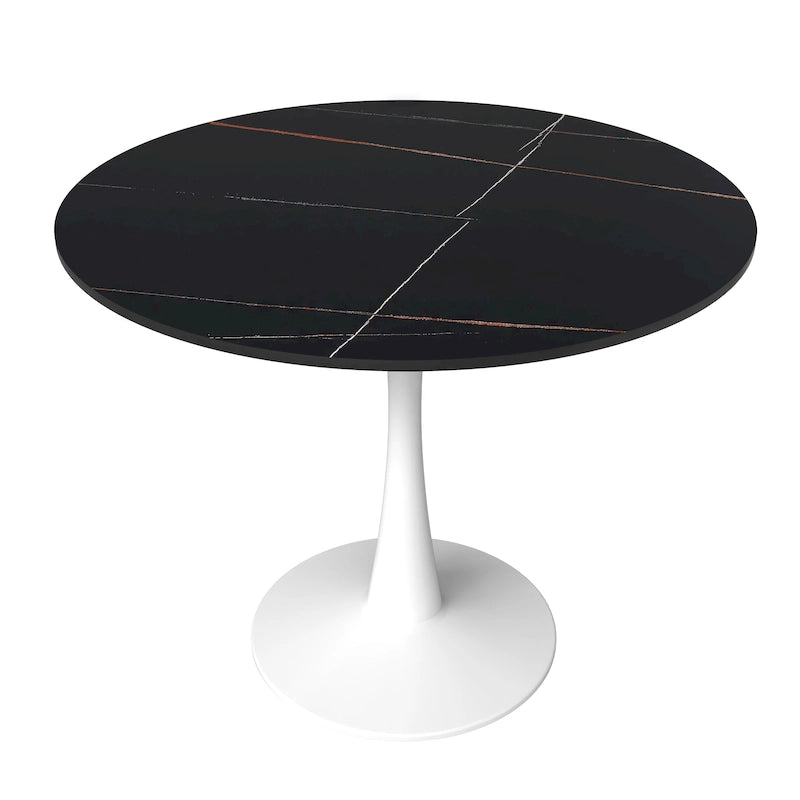 Bristol Round Dining Table for 4, 35 Sintered Stone Tabletop with White Stainless Steel Pedestal Base 35