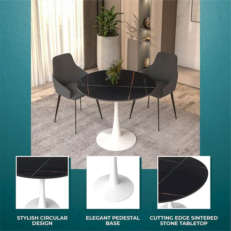 Bristol Round Dining Table for 4, 35 Sintered Stone Tabletop with White Stainless Steel Pedestal Base 4