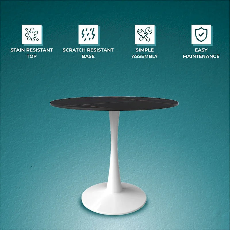 Bristol Round Dining Table for 4, 35 Sintered Stone Tabletop with White Stainless Steel Pedestal Base 5