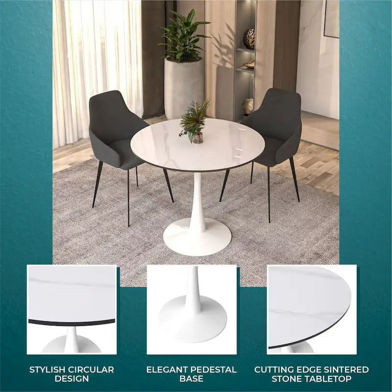Bristol Round Dining Table for 4, 35 Sintered Stone Tabletop with White Stainless Steel Pedestal Base 14
