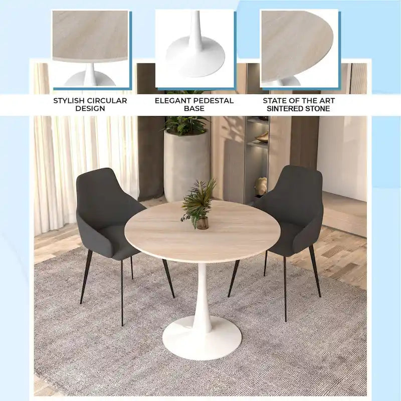 Bristol Round Dining Table for 4, 35 Sintered Stone Tabletop with White Stainless Steel Pedestal Base 28