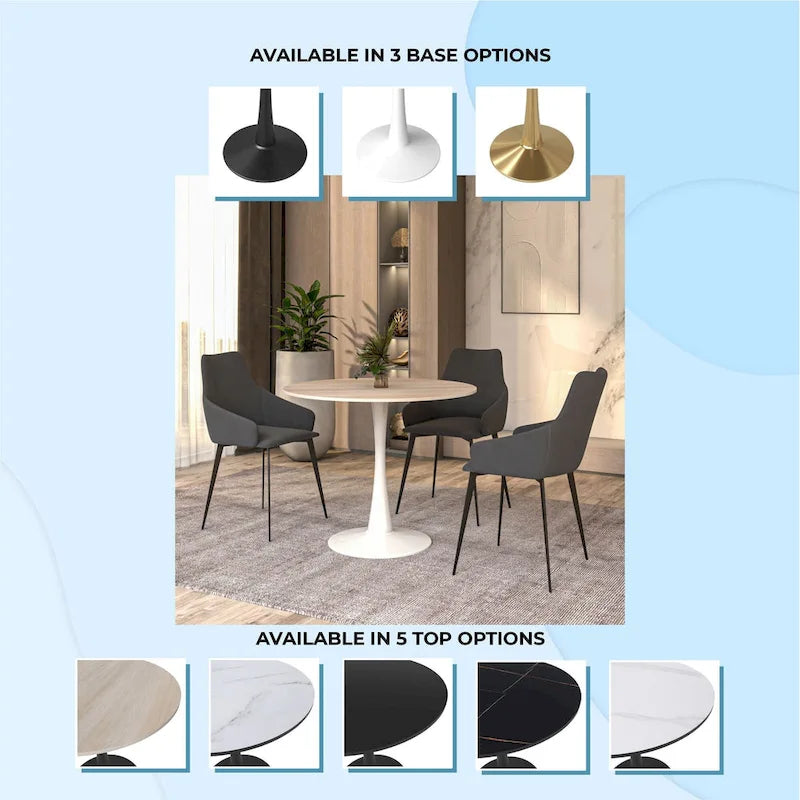Bristol Round Dining Table for 4, 35 Sintered Stone Tabletop with White Stainless Steel Pedestal Base 30