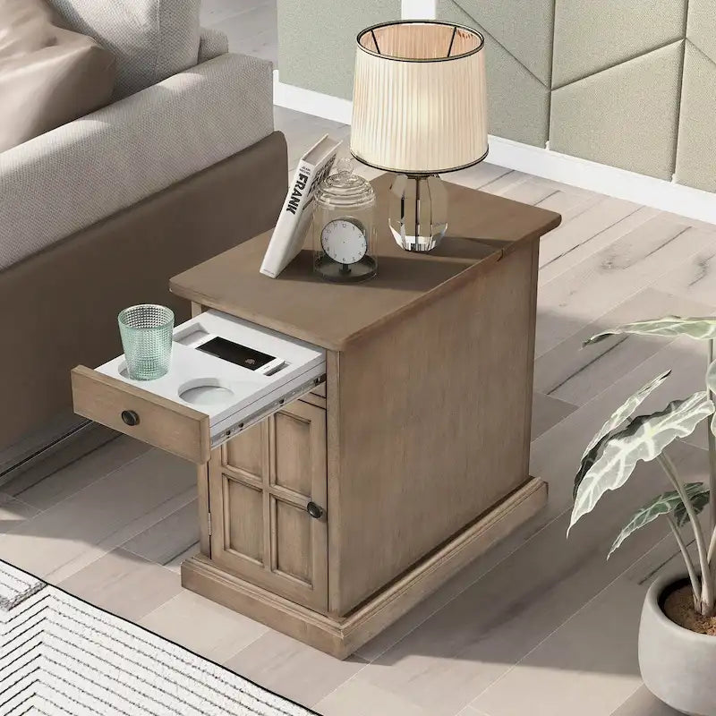 Classic Vintage Living Room End Table Side Table with USB Ports and One Multifunctional Drawer with Cup Holders 19