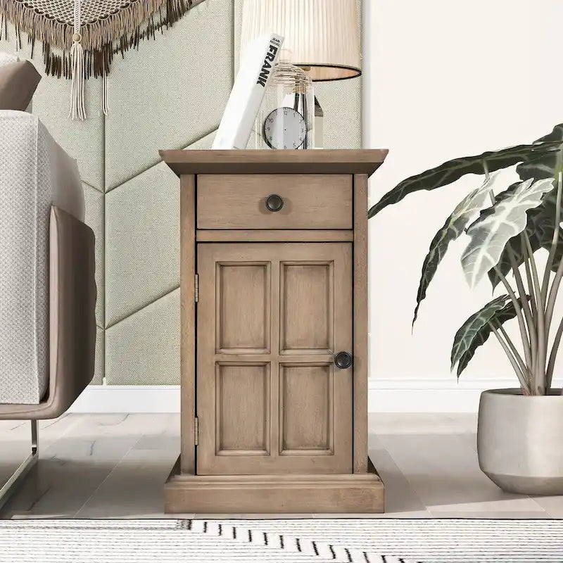 Tavolino da salotto/comodino classico vintage con porte USB e cassetto multifunzione con portabicchieri