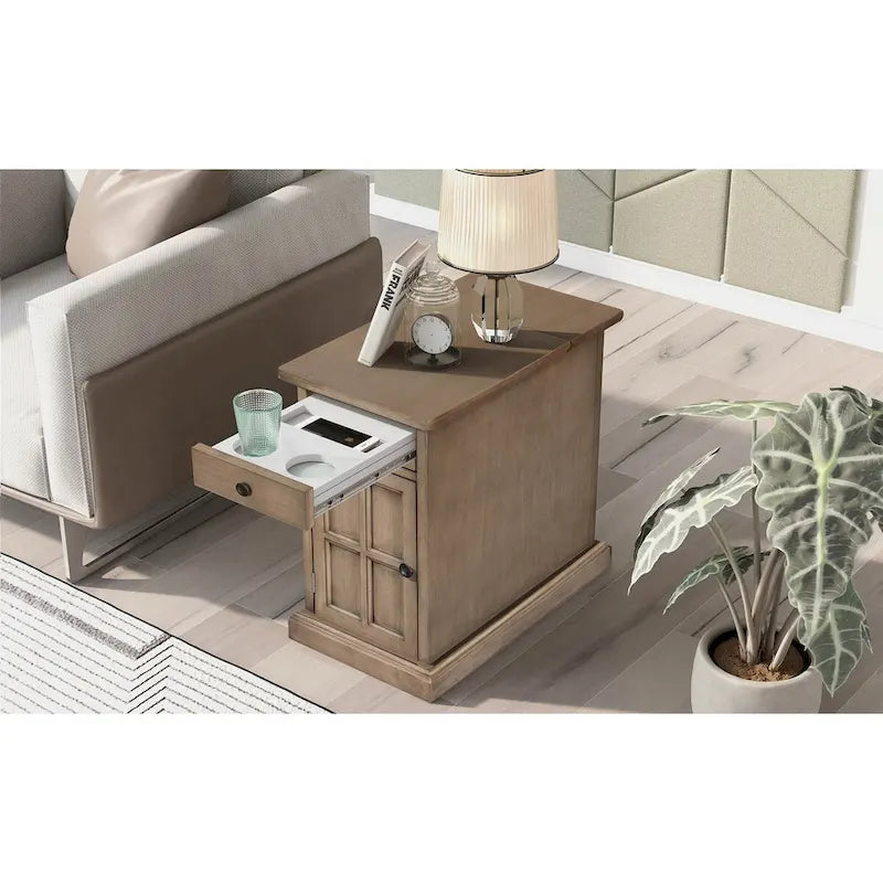 Classic Vintage Living Room End Table Side Table with USB Ports and One Multifunctional Drawer with Cup Holders 3