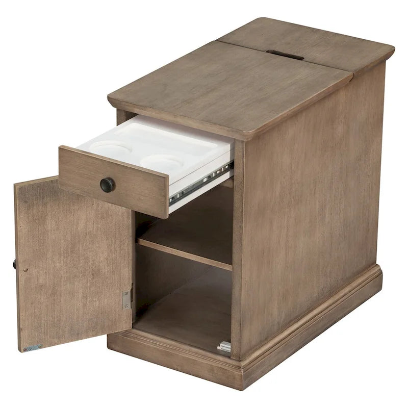 Classic Vintage Living Room End Table Side Table with USB Ports and One Multifunctional Drawer with Cup Holders 7